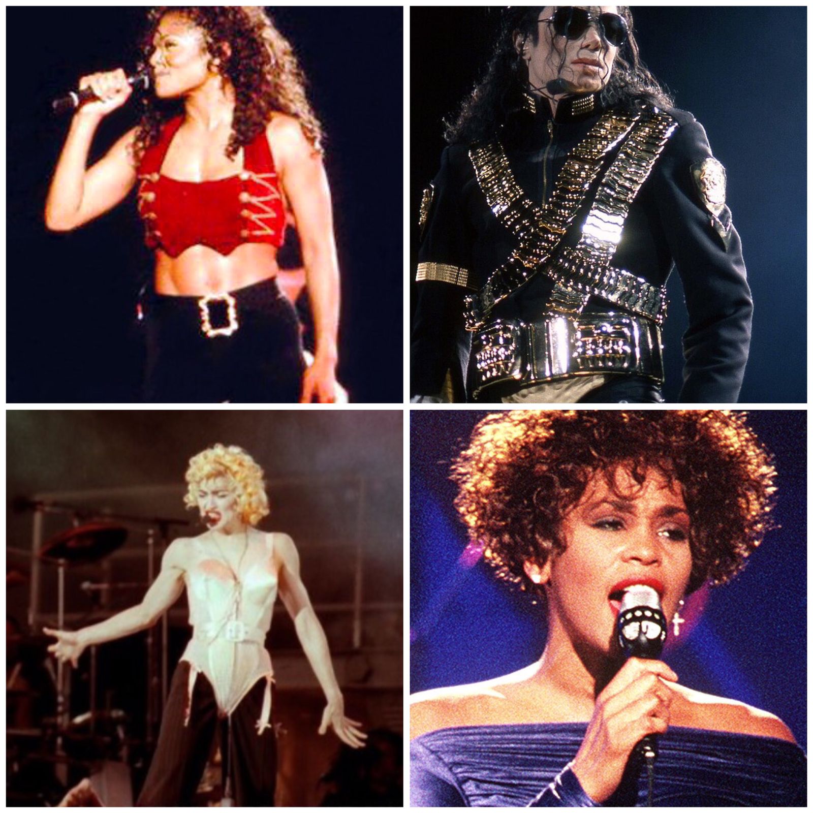 Collage depicting singers (Janet Jackson, Michael Jackson, Madonna, Whitney Hous