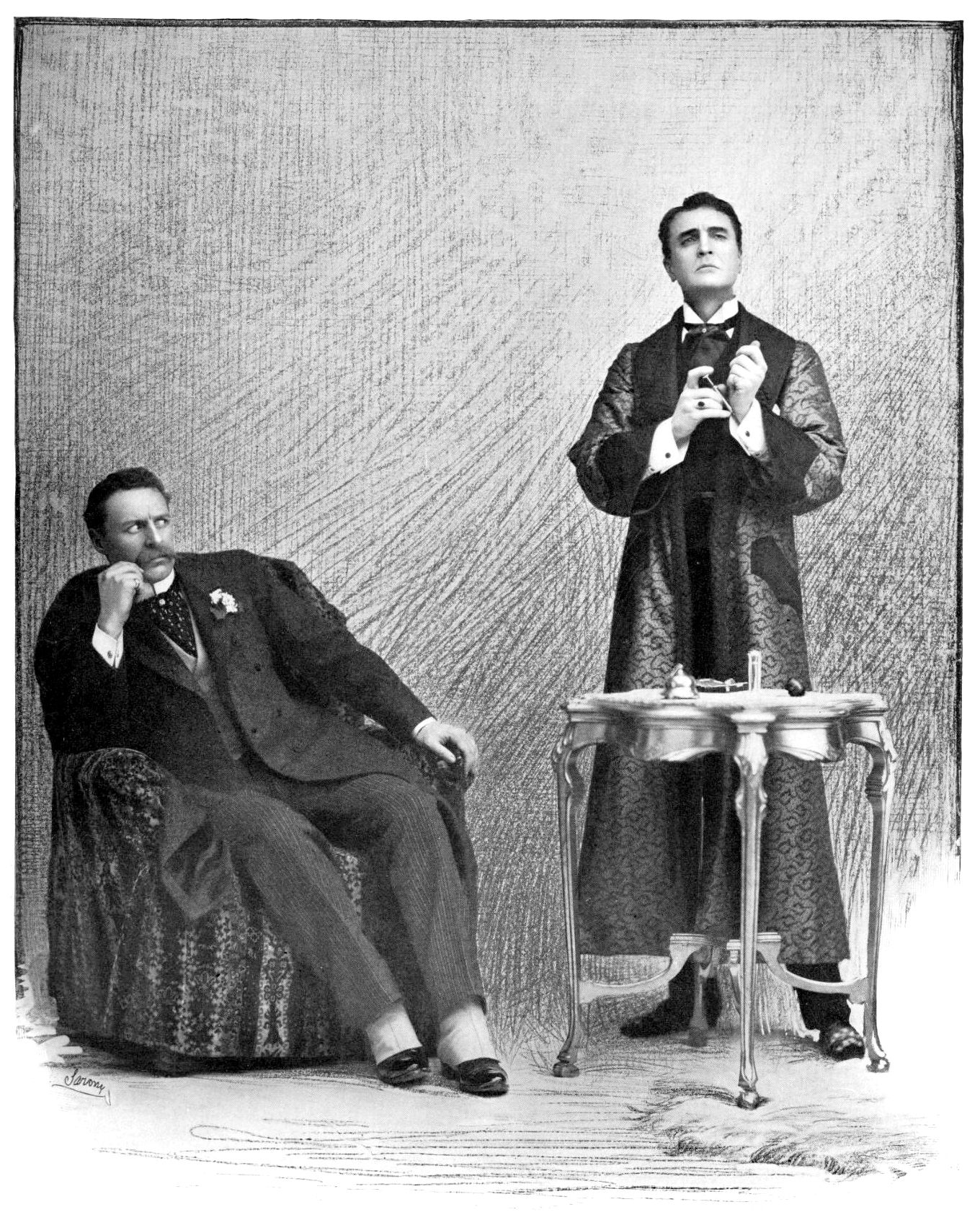 Photograph of Bruce McRae as Dr. John Watson and William Gillette as Holmes in t